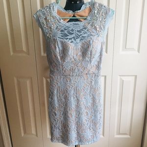 Floral Lace Rhinestones Baby-blue Midi Dress